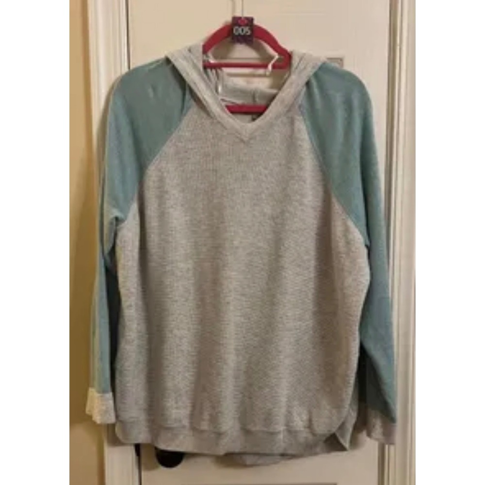 Evolution Womens 2X Waffle Knit Hoodie Raglan Sleeve Grey Teal Pullover